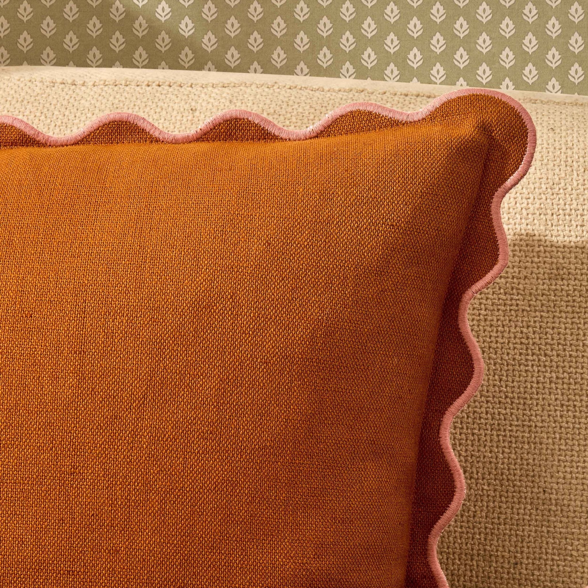 Dusklia - Linen Blend Scallop Edge Sofa Cushion Cover - Orange/Pink