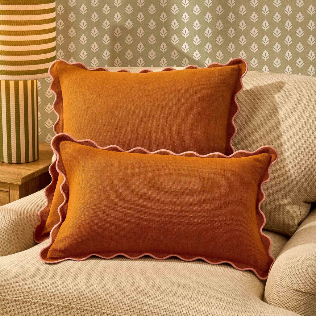 Dusklia - Linen Blend Scallop Edge Sofa Cushion Cover - Orange/Pink