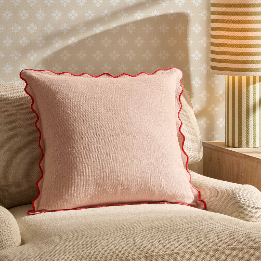 Dusklia - Linen Blend Scallop Edge Sofa Cushion Cover - Pink/ Red