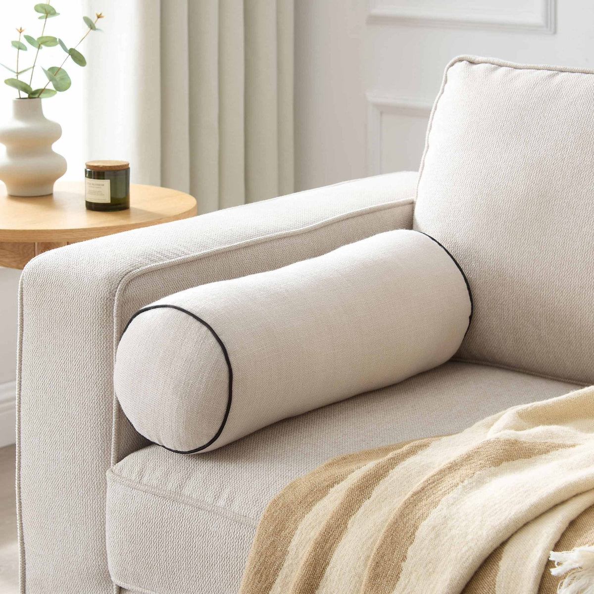 Dusklia - Linen Look Piped Edge Sofa Cushion Cover - Stone/Black