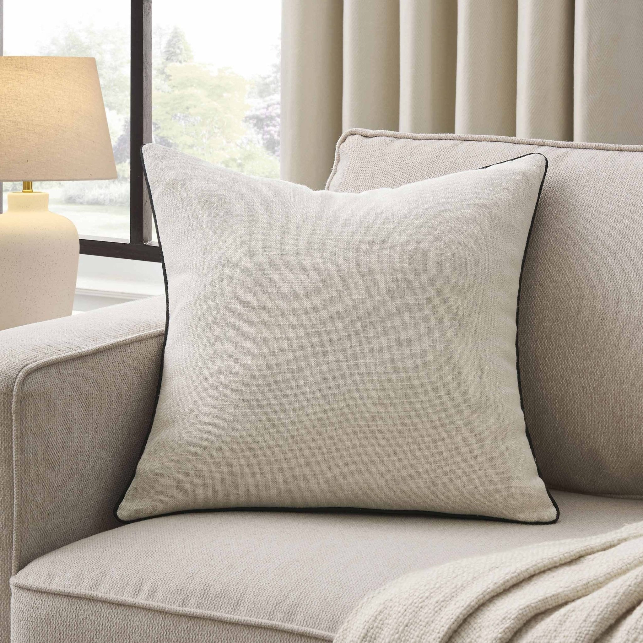 Dusklia - Linen Look Piped Edge Sofa Cushion Cover - Stone/Black