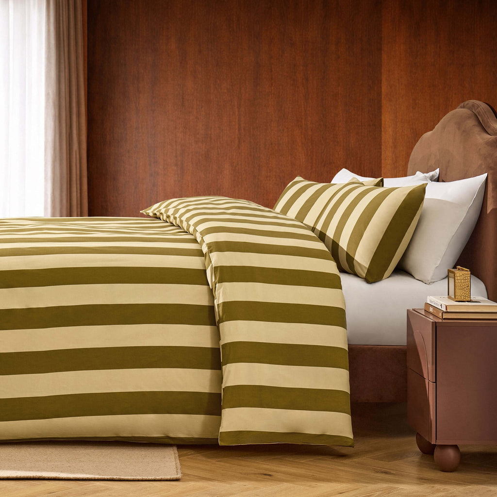 Dusklia - Livia 100% Cotton Tonal Stripe Duvet Cover & Pillowcase Set - Olive