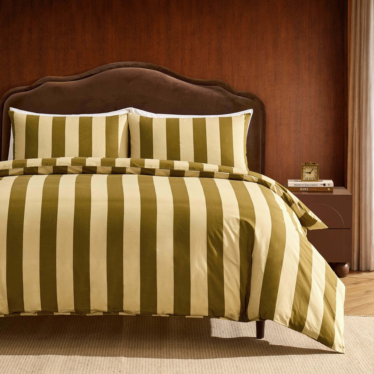 Dusklia - Livia 100% Cotton Tonal Stripe Duvet Cover & Pillowcase Set - Olive
