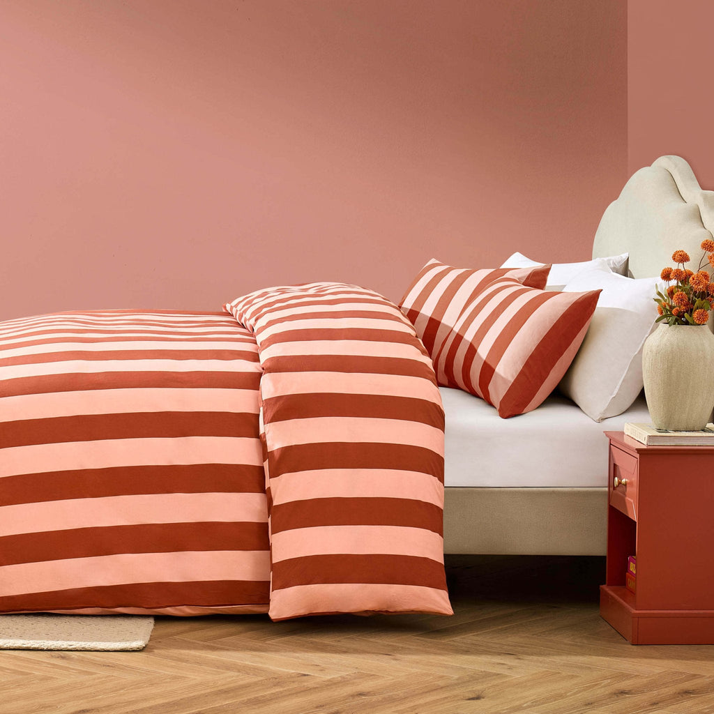 Dusklia - Livia 100% Cotton Tonal Stripe Duvet Cover & Pillowcase Set - Pink