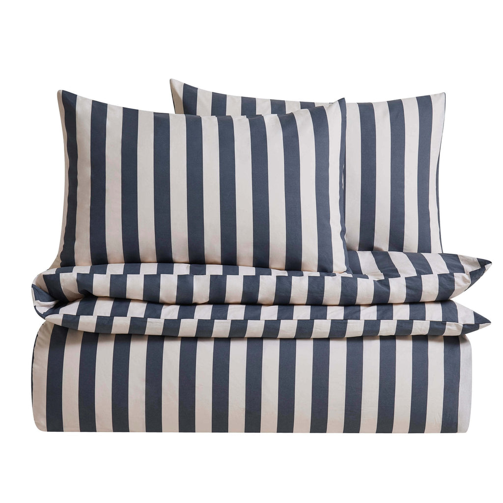 Dusklia - Livia 100% Cotton Wide Printed Stripe Duvet Cover Set - Slate Blue