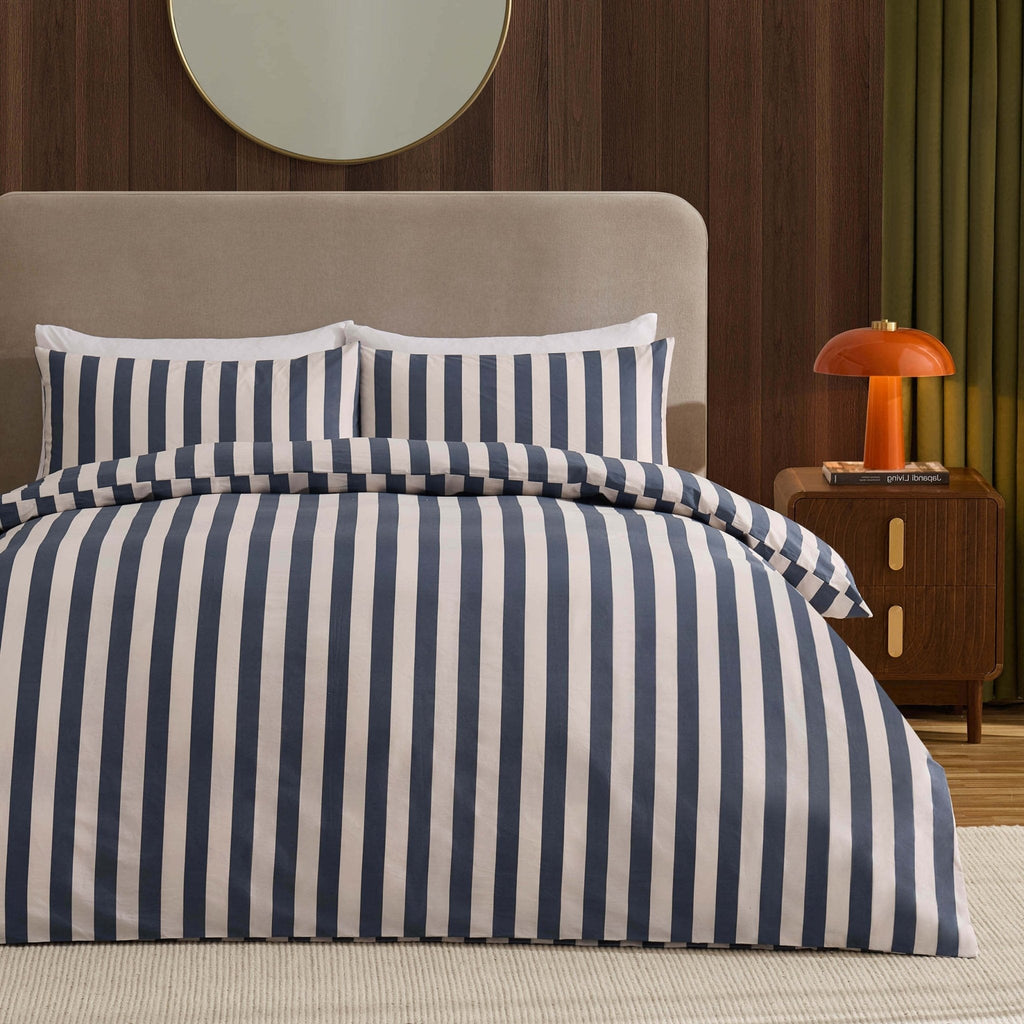 Dusklia - Livia 100% Cotton Wide Printed Stripe Duvet Cover Set - Slate Blue