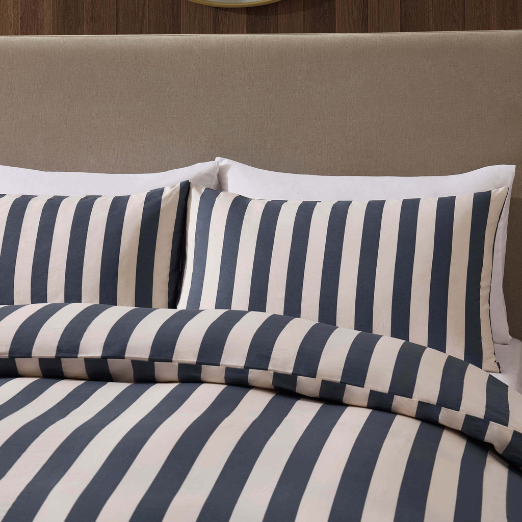 Dusklia - Livia 100% Cotton Wide Printed Stripe Duvet Cover Set - Slate Blue
