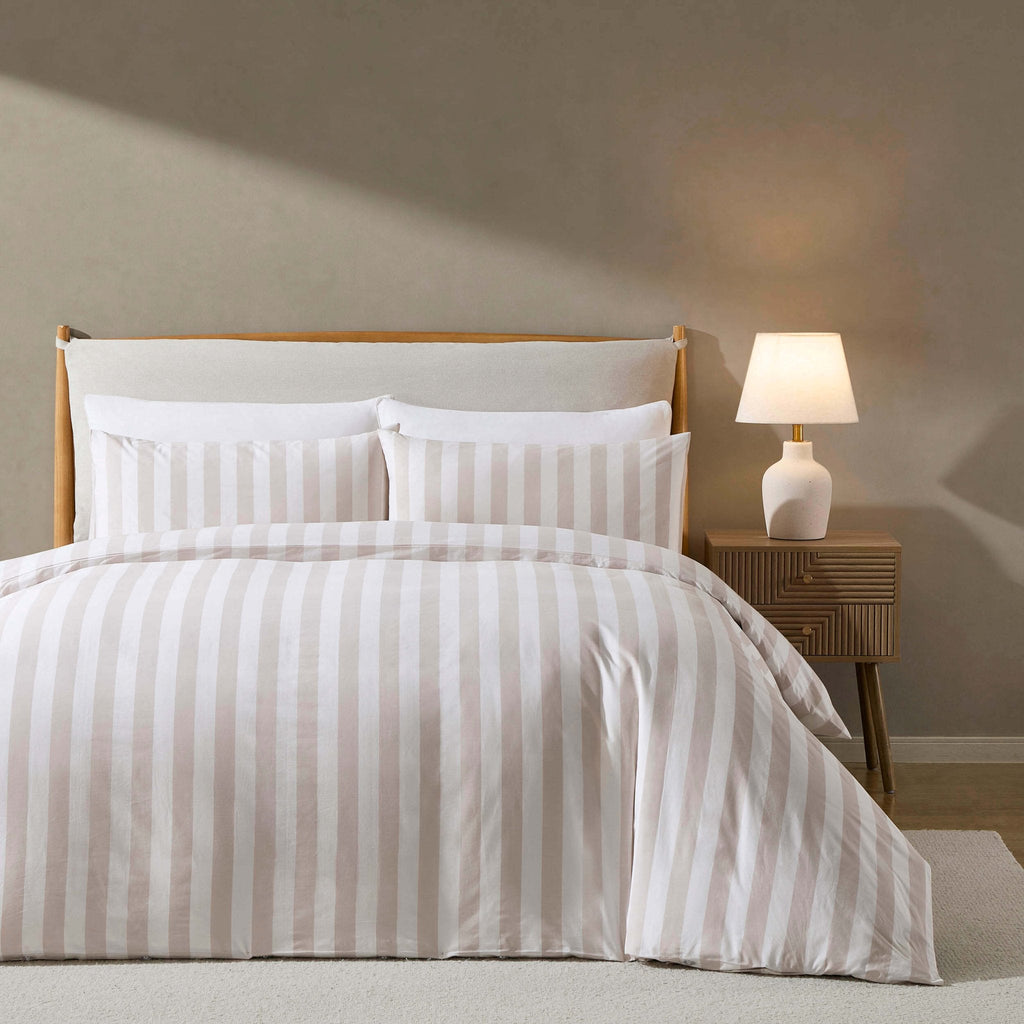 Dusklia - Livia 100% Cotton Wide Printed Stripe Duvet Cover & Pillowcase Set - Natural