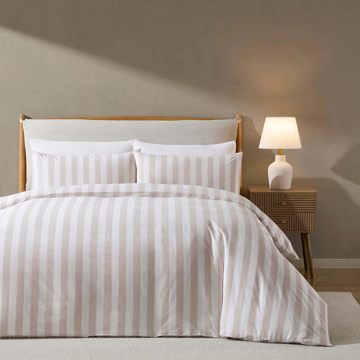 Dusklia - Livia 100% Cotton Wide Printed Stripe Duvet Cover & Pillowcase Set - Natural