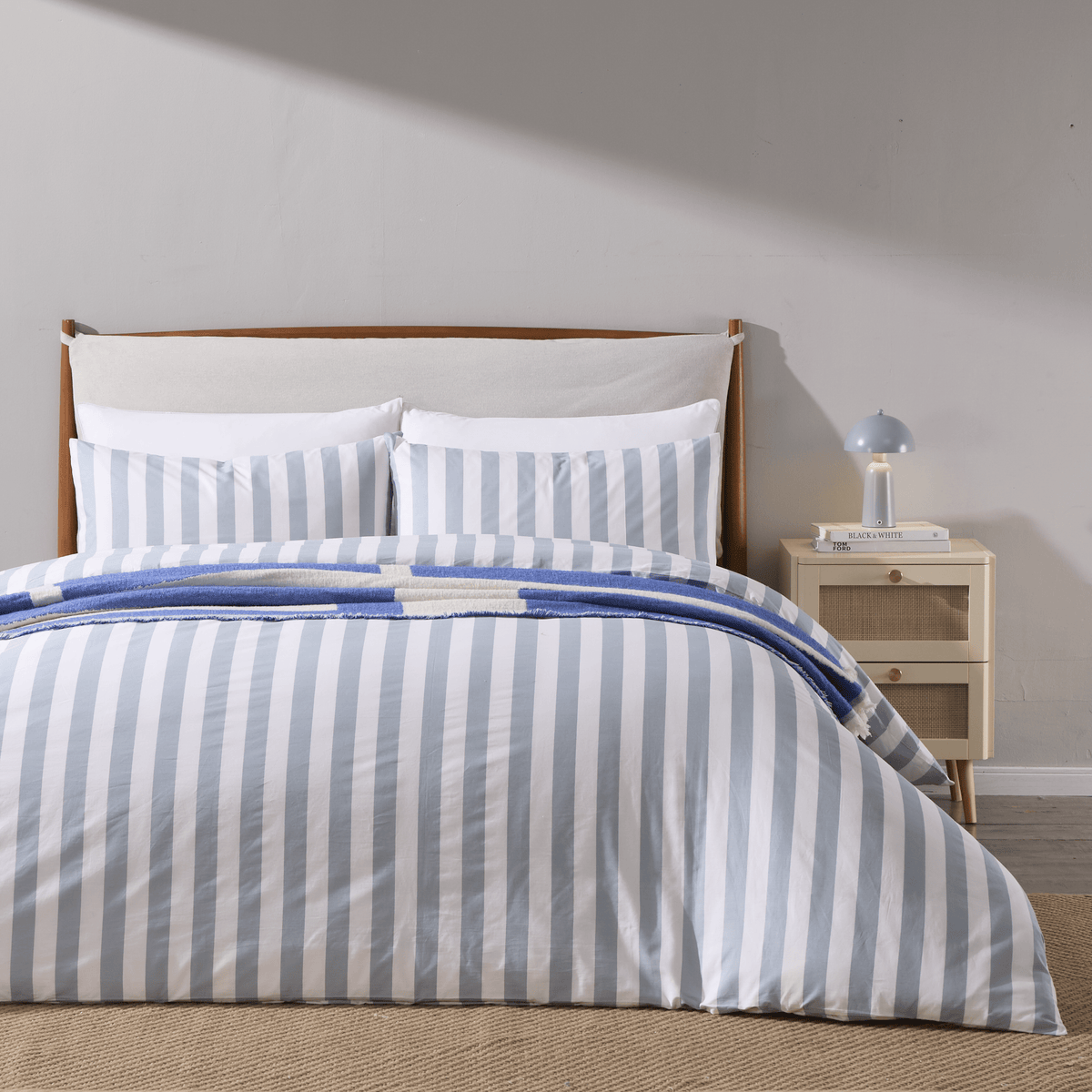Dusklia - Livia 100% Cotton Wide Printed Stripe Duvet Cover & Pillowcase Set - French Blue
