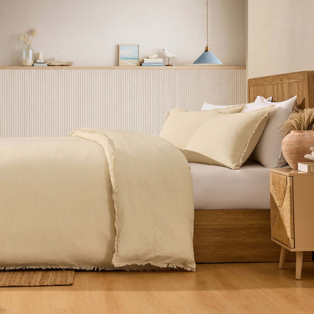 Dusklia - Lora Linen Blend Frayed Edge Duvet Cover & Pillowcase Set - Natural
