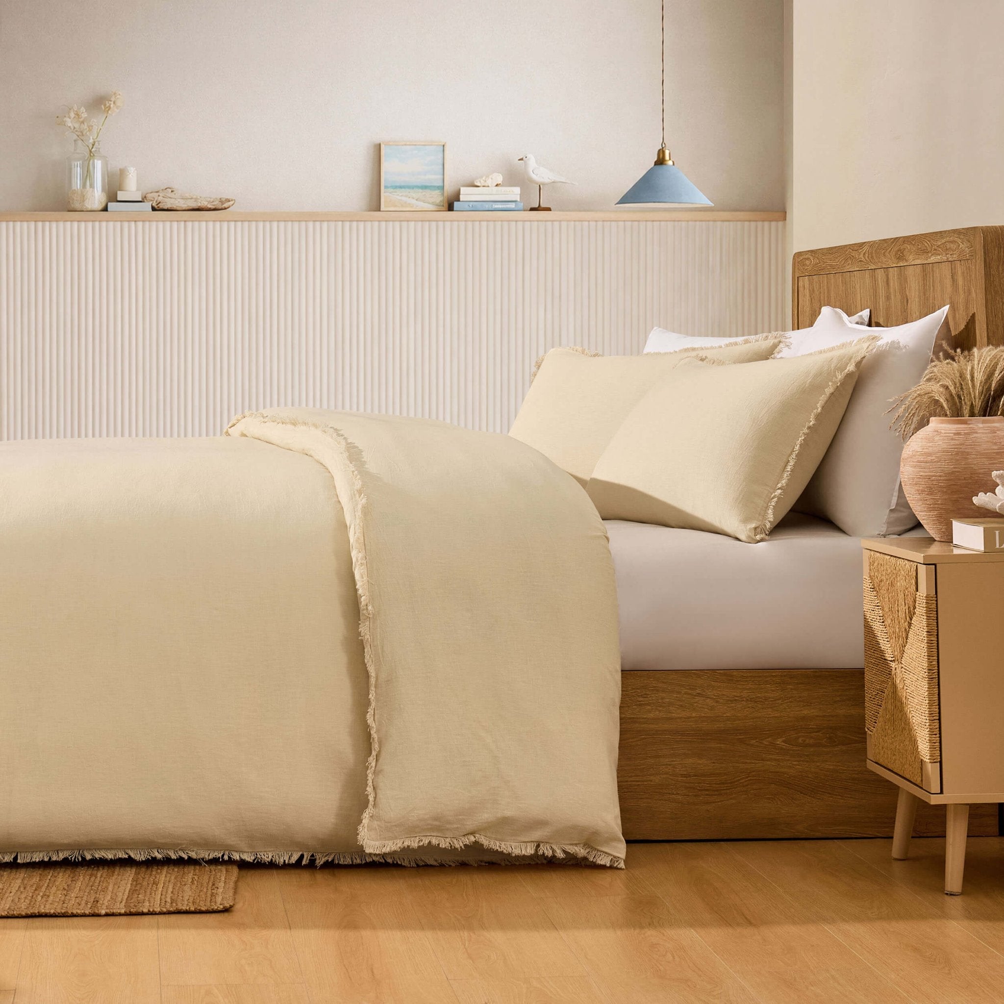 Dusklia - Lora Linen Blend Frayed Edge Duvet Cover & Pillowcase Set - Natural