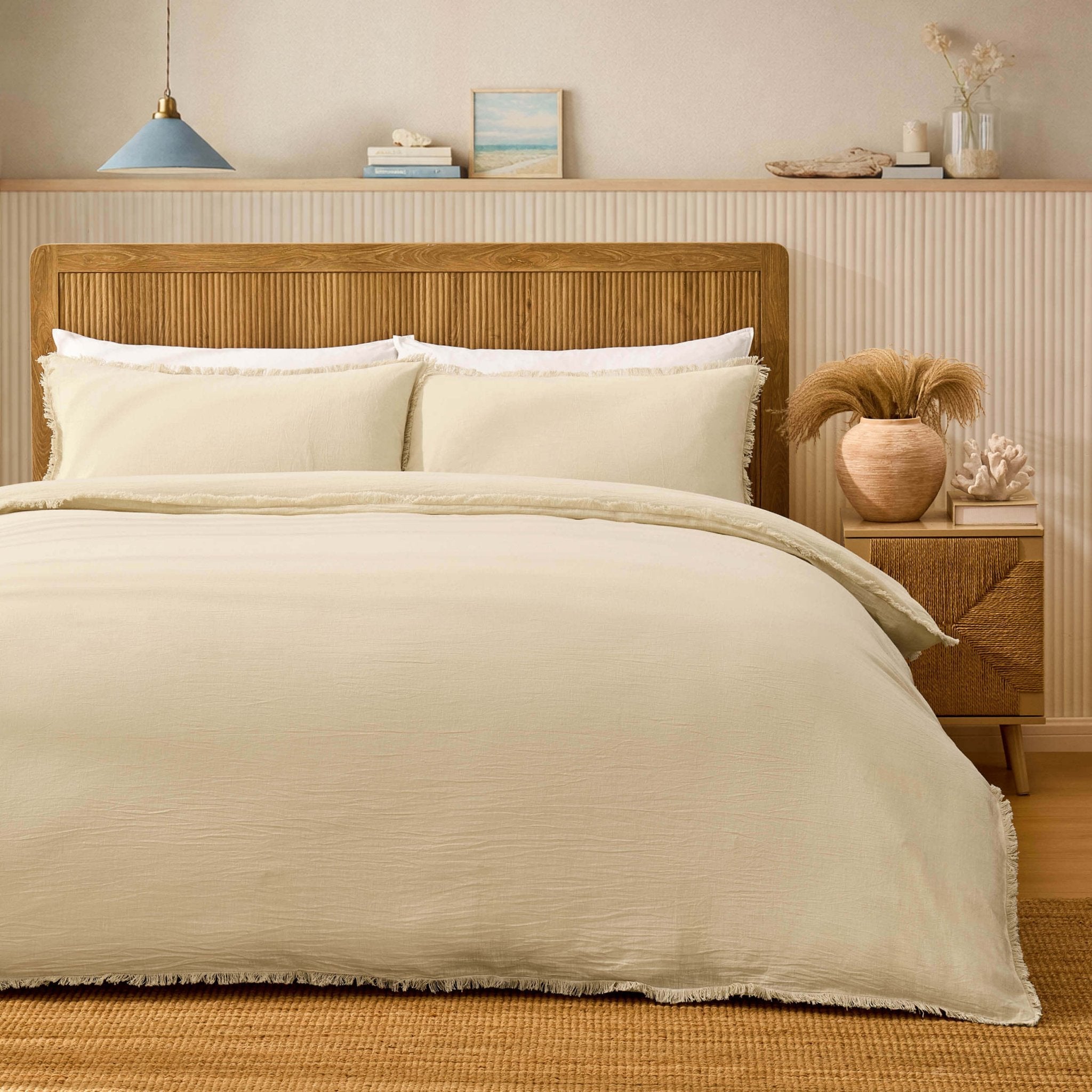 Dusklia - Lora Linen Blend Frayed Edge Duvet Cover & Pillowcase Set - Natural