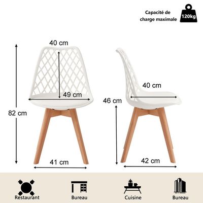Lot de 6 chaises de salle à manger - scandinave (blanc), pieds en bois massif - dossier ajouré