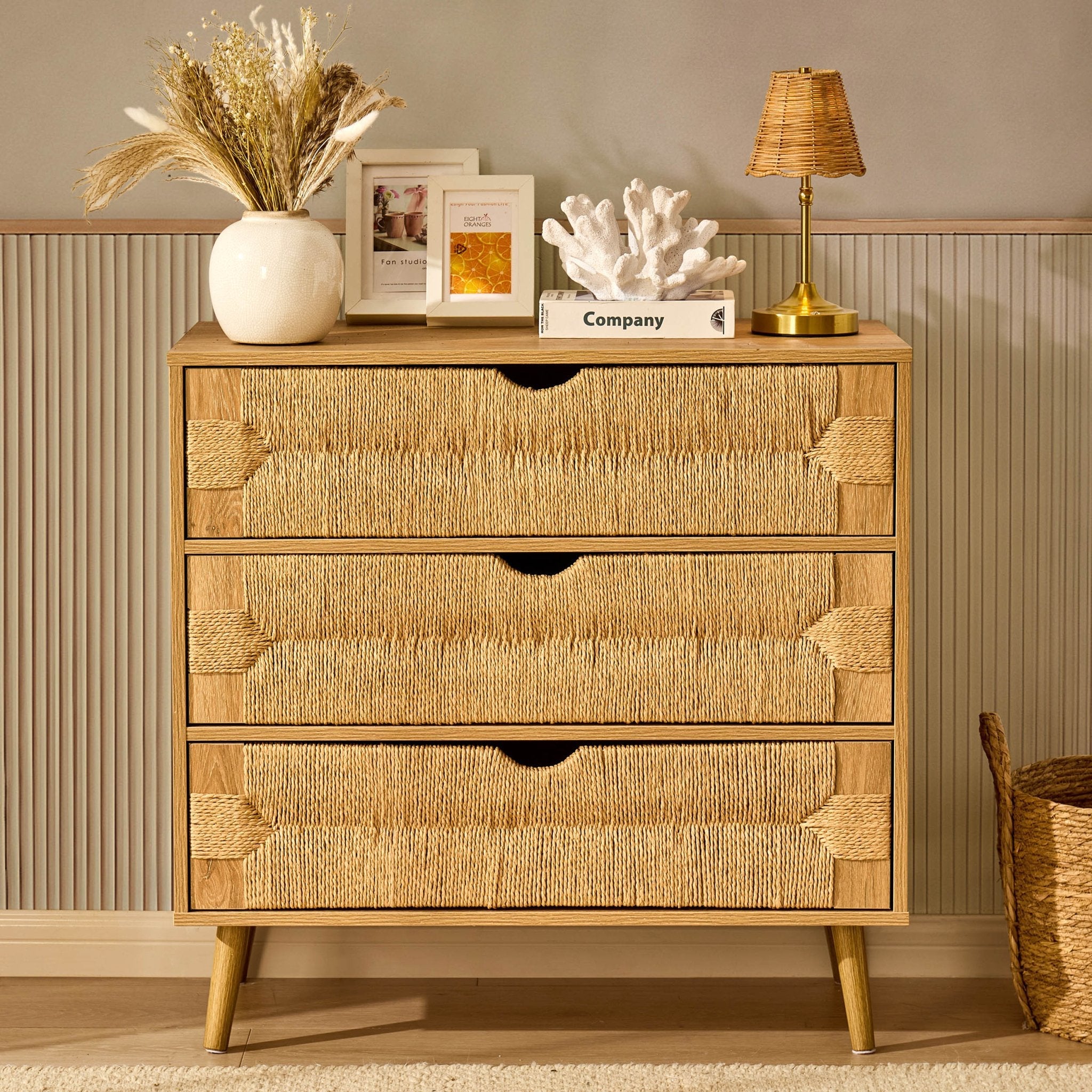 Dusklia - Lottie Woven 3 Drawer Chest - Light Wood