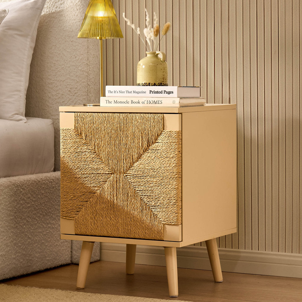 Dusklia - Lottie Woven Bedside Table with Door - Sand