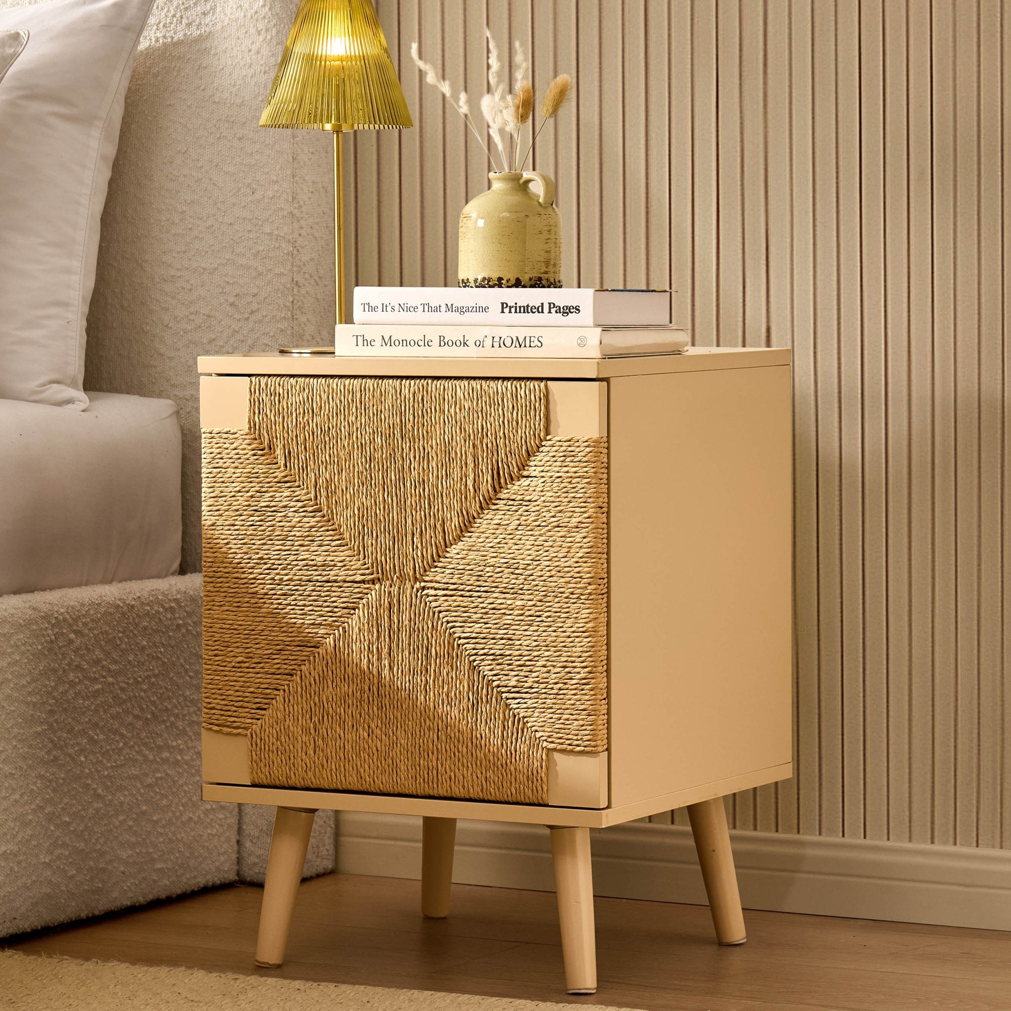 Dusklia - Lottie Woven Bedside Table with Door - Sand