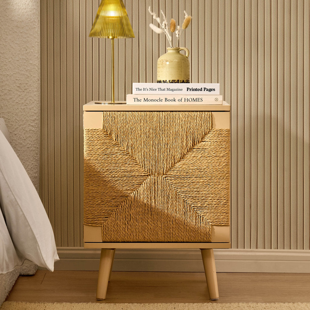 Dusklia - Lottie Woven Bedside Table with Door - Sand