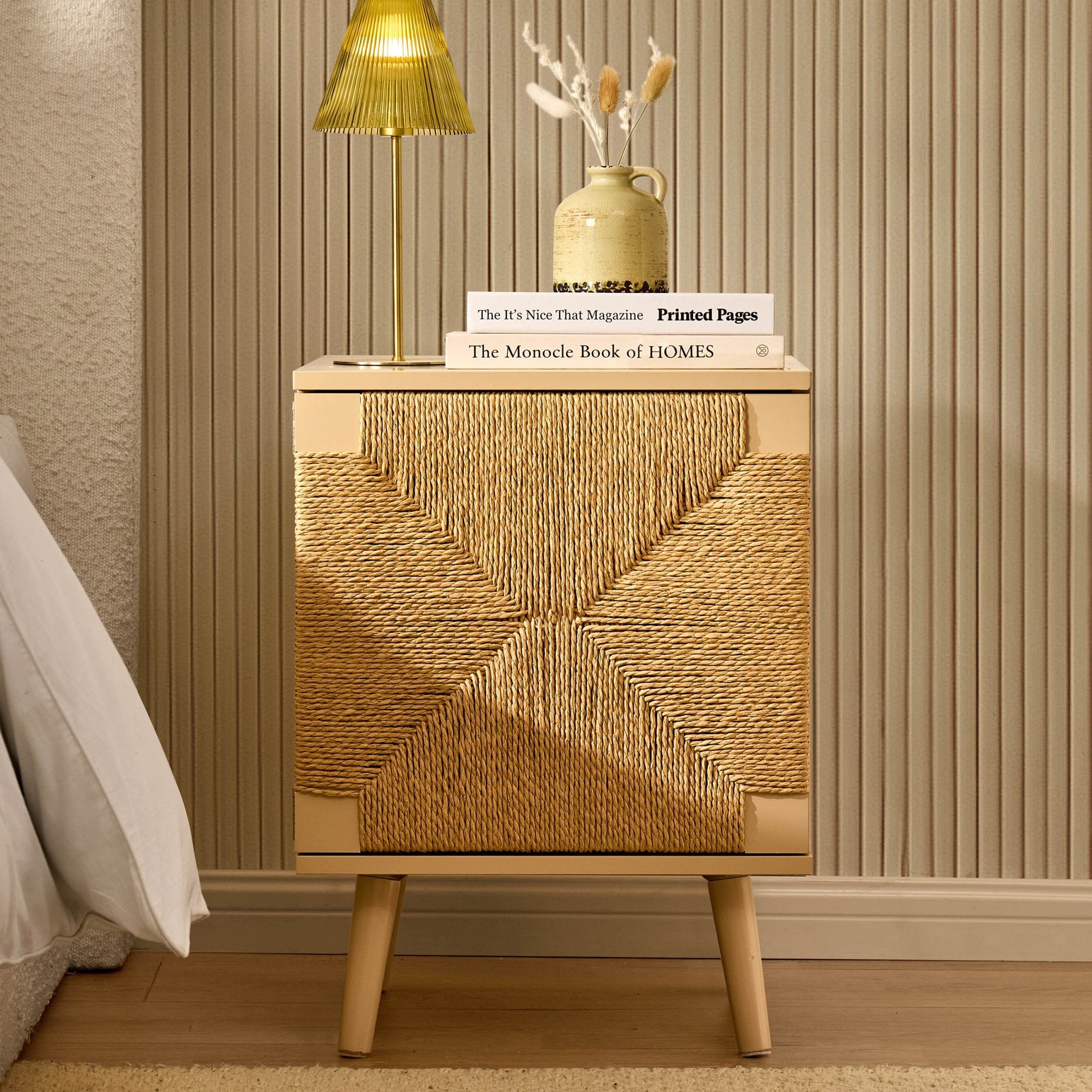 Dusklia - Lottie Woven Bedside Table with Door - Sand