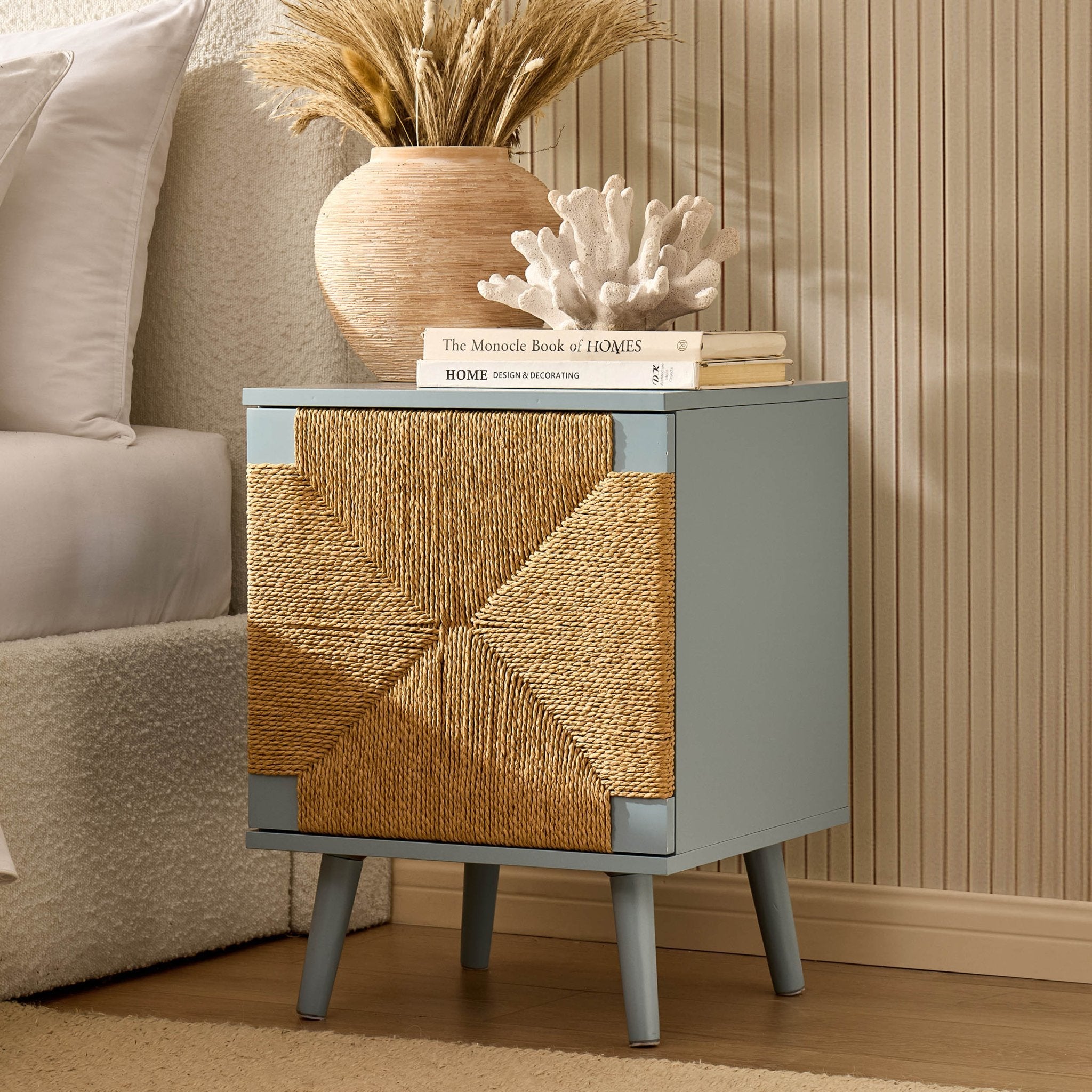 Dusklia - Lottie Woven Bedside Table with Door - Sky Blue