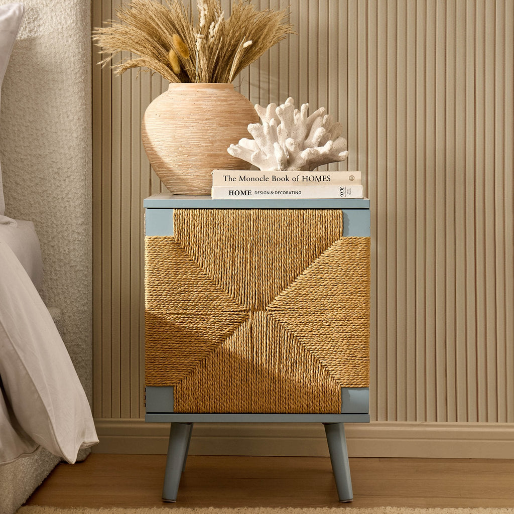 Dusklia - Lottie Woven Bedside Table with Door - Sky Blue