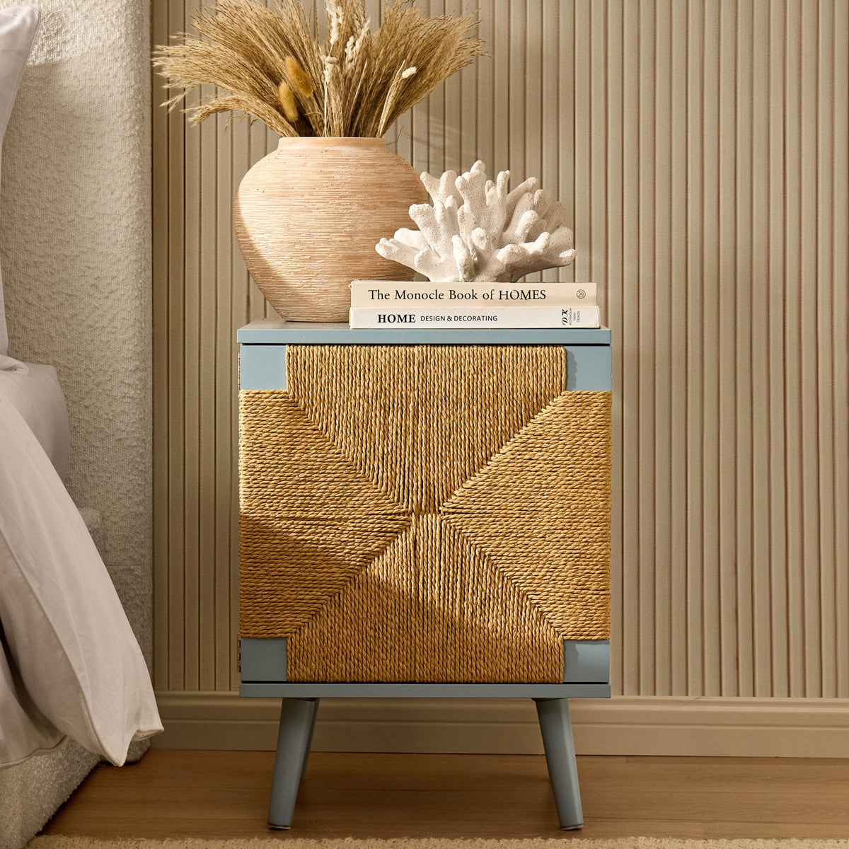Dusklia - Lottie Woven Bedside Table with Door - Sky Blue