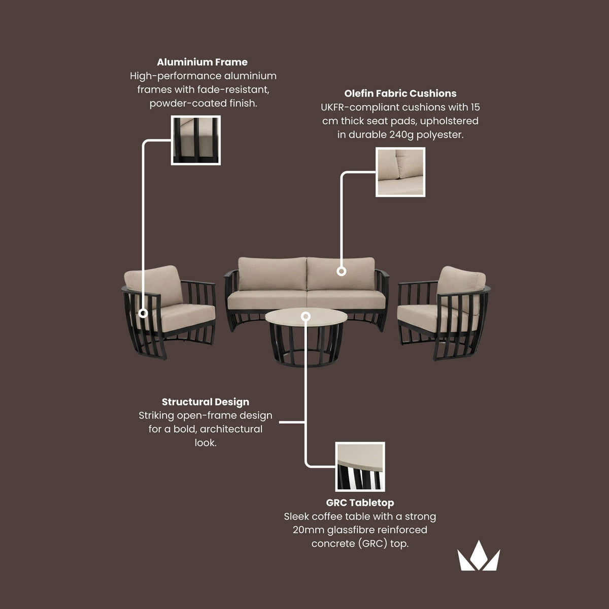 Dusklia - Lucca Outdoor 5 Seater Lounge Set with Coffee Table - Black