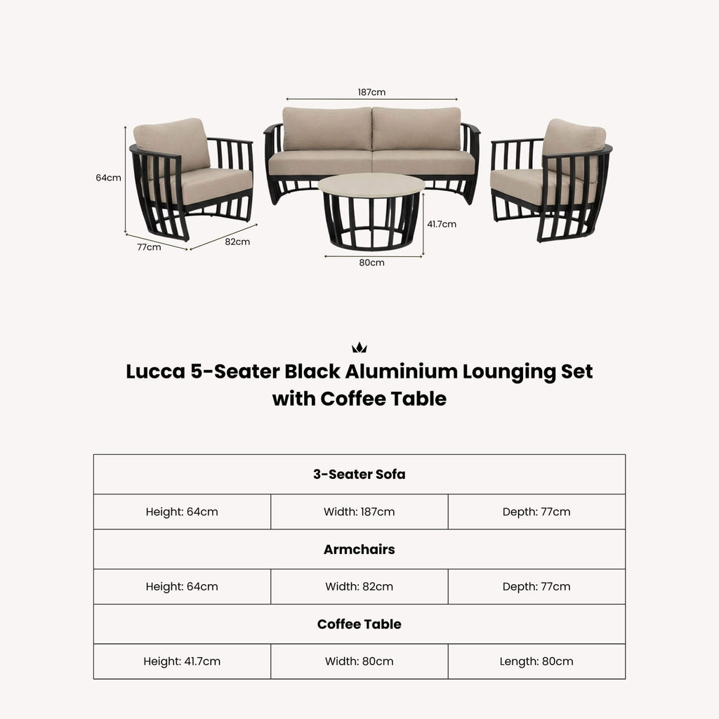 Dusklia - Lucca Outdoor 5 Seater Lounge Set with Coffee Table - Black