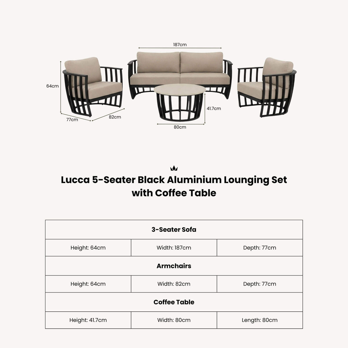 Dusklia - Lucca Outdoor 5 Seater Lounge Set with Coffee Table - Black