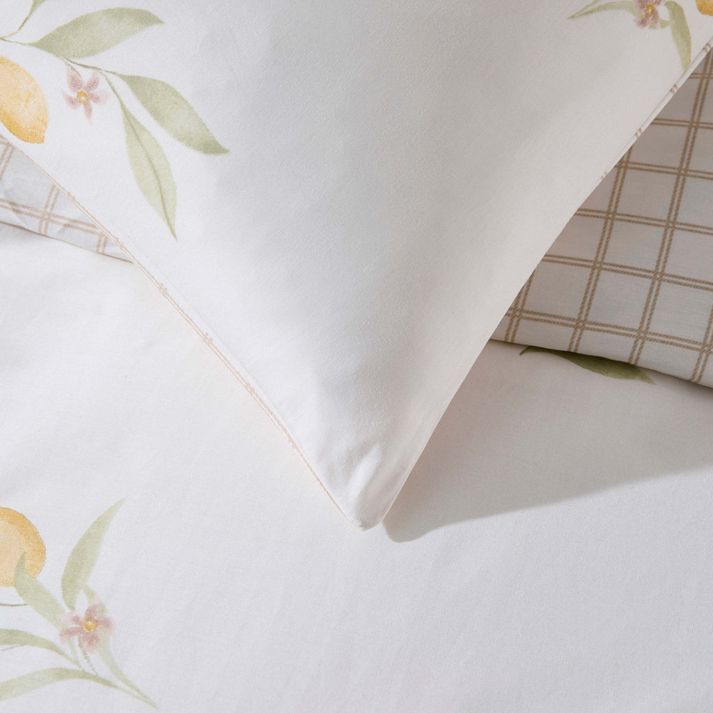 Dusklia - Lucie 100% Cotton Lemon & Check Reversible Duvet Cover & Pillowcase Set - Multicoloured