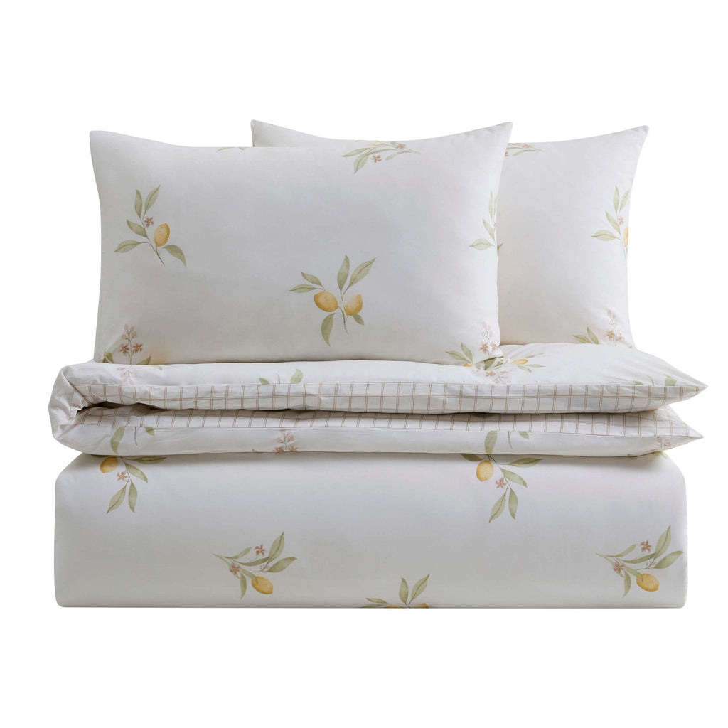 Dusklia - Lucie 100% Cotton Lemon & Check Reversible Duvet Cover & Pillowcase Set - Multicoloured