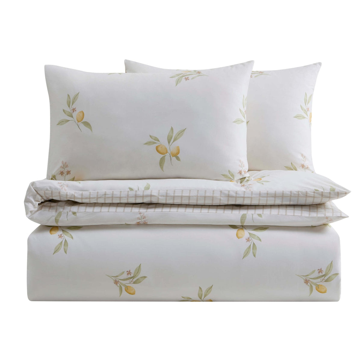 Dusklia - Lucie 100% Cotton Lemon & Check Reversible Duvet Cover & Pillowcase Set - Multicoloured