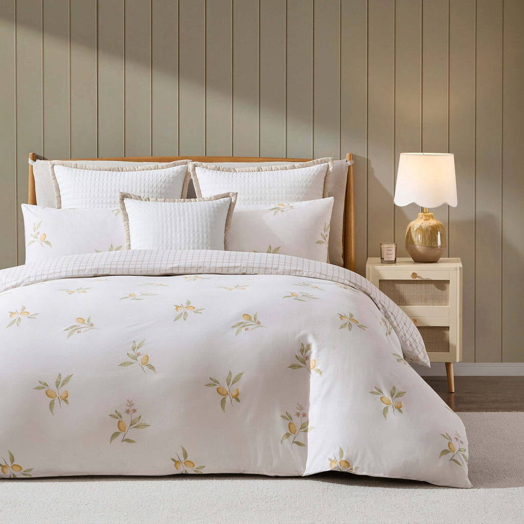 Dusklia - Lucie 100% Cotton Lemon & Check Reversible Duvet Cover & Pillowcase Set - Multicoloured
