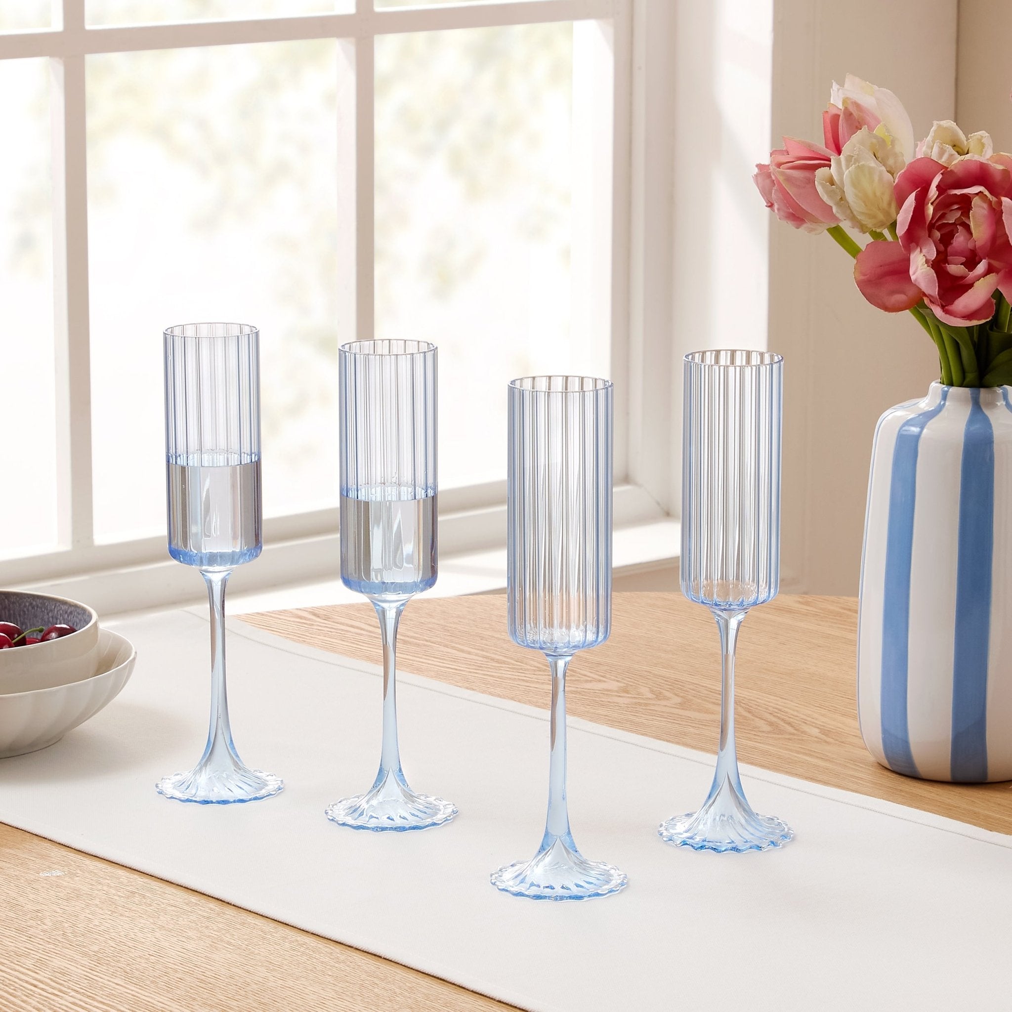 Dusklia - Lucinda Scalloped Edge Glass Flutes - Set of 4 - Blue