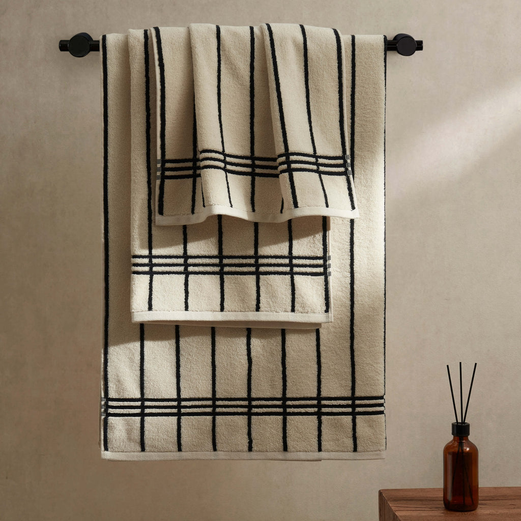 Dusklia - Madrid Fine Stripe Cotton Towel Collection - Off White/Black