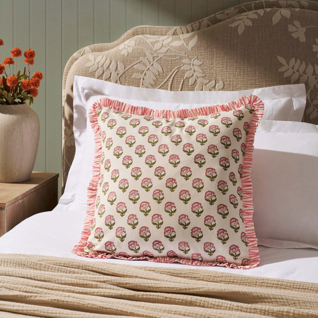 Dusklia - Maizie 100% Cotton Frill Edge Printed Cushion Cover - Pink