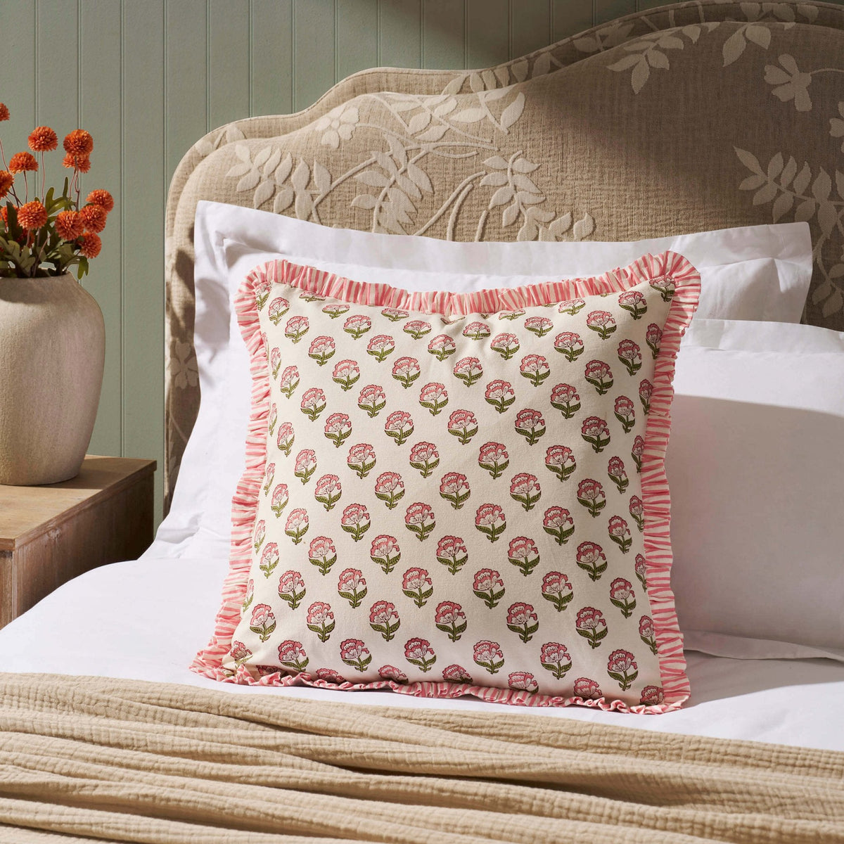 Dusklia - Maizie 100% Cotton Frill Edge Printed Cushion Cover - Pink