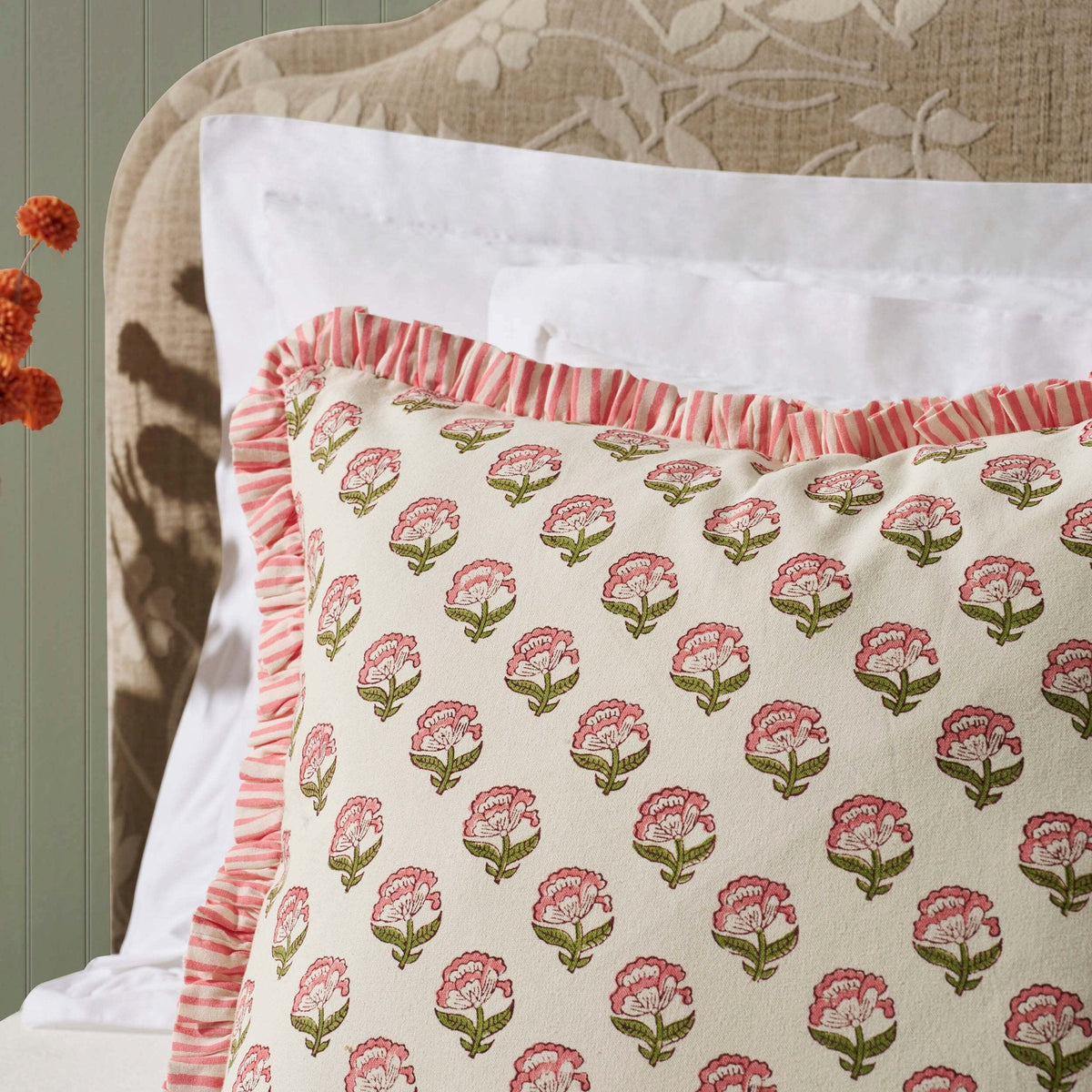 Dusklia - Maizie 100% Cotton Frill Edge Printed Cushion Cover - Pink