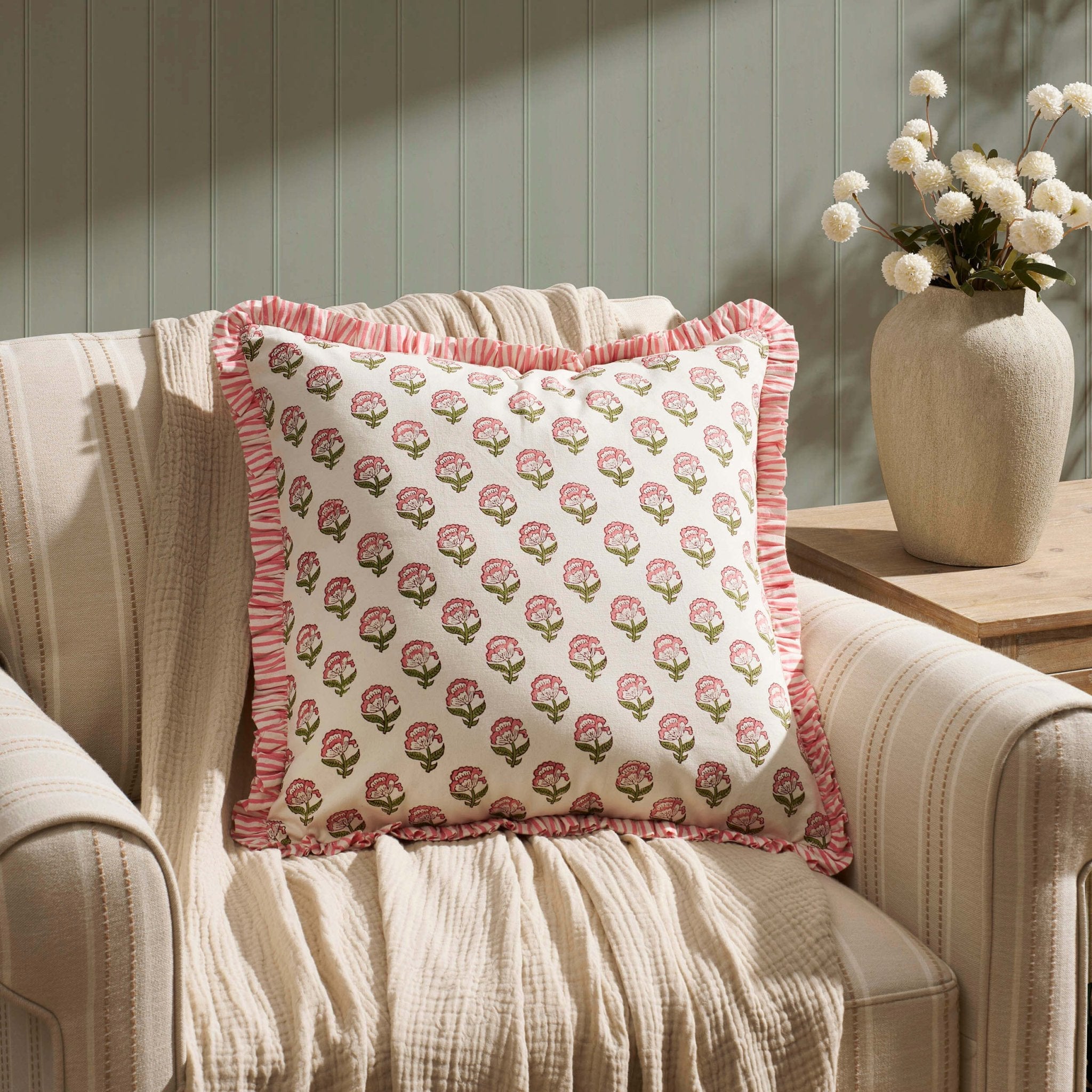 Dusklia - Maizie 100% Cotton Frill Edge Printed Sofa Cushion Cover - Pink