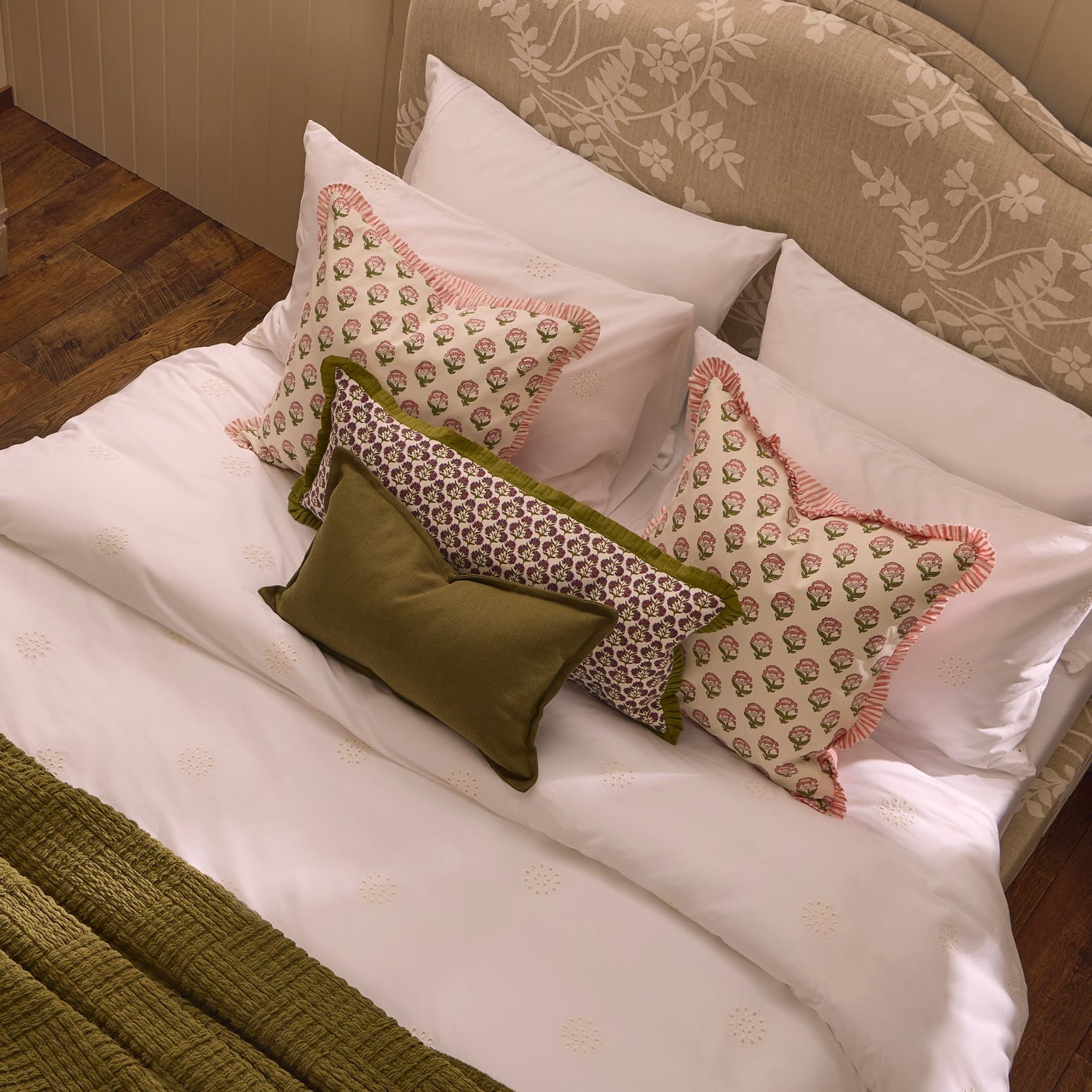 Dusklia - Julia 100% Cotton Box Pleat Edge Printed Cushion Cover - Purple/Green