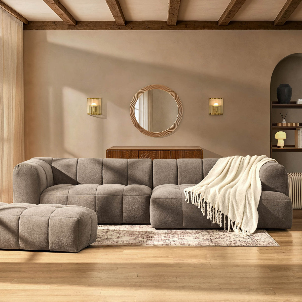 Dusklia - Manhattan Right Hand Chaise Sofa - Chenille Mushroom
