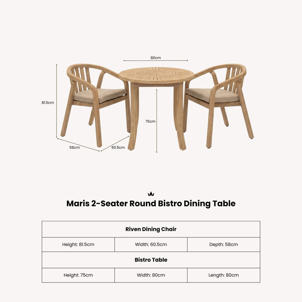 Dusklia - Maris Outdoor 2 Seater Round Bistro Dining Table and Chairs - Natural