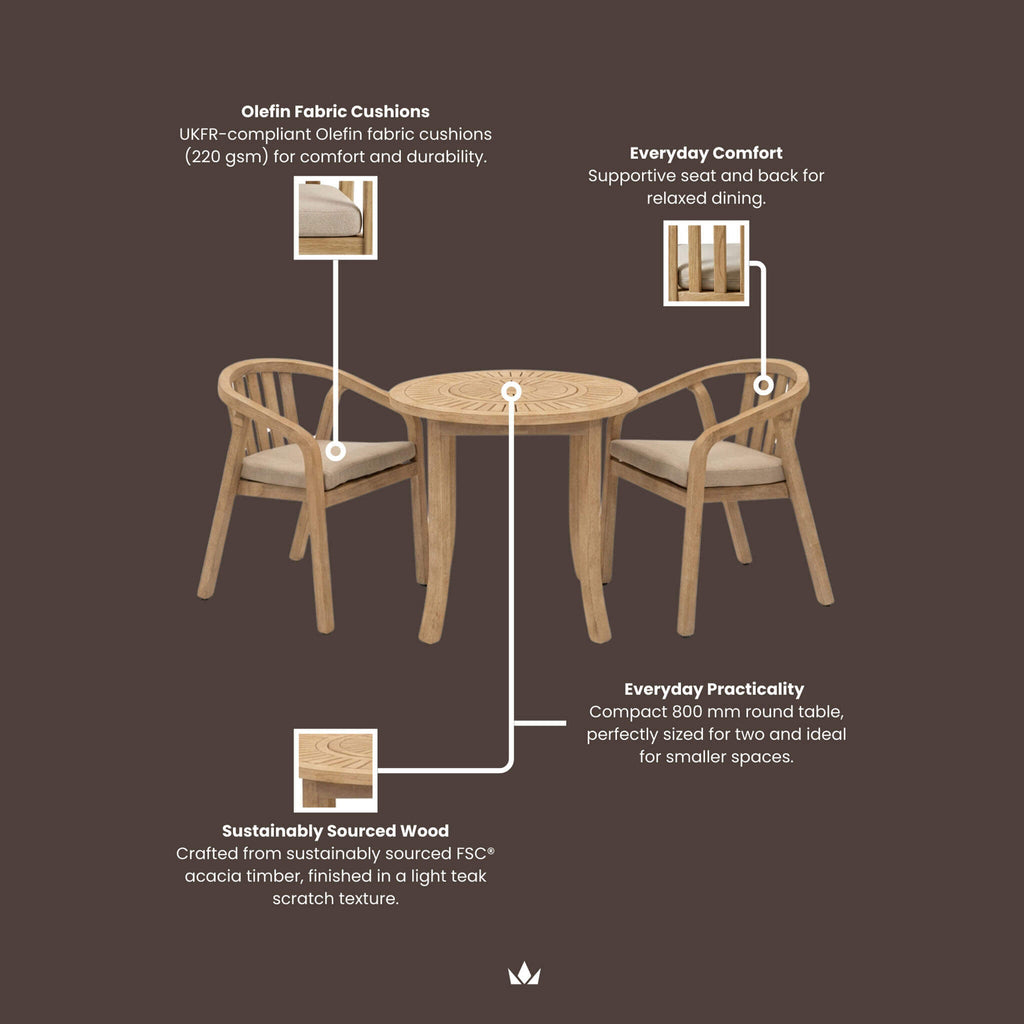 Dusklia - Maris Outdoor 2 Seater Round Bistro Dining Table and Chairs - Natural