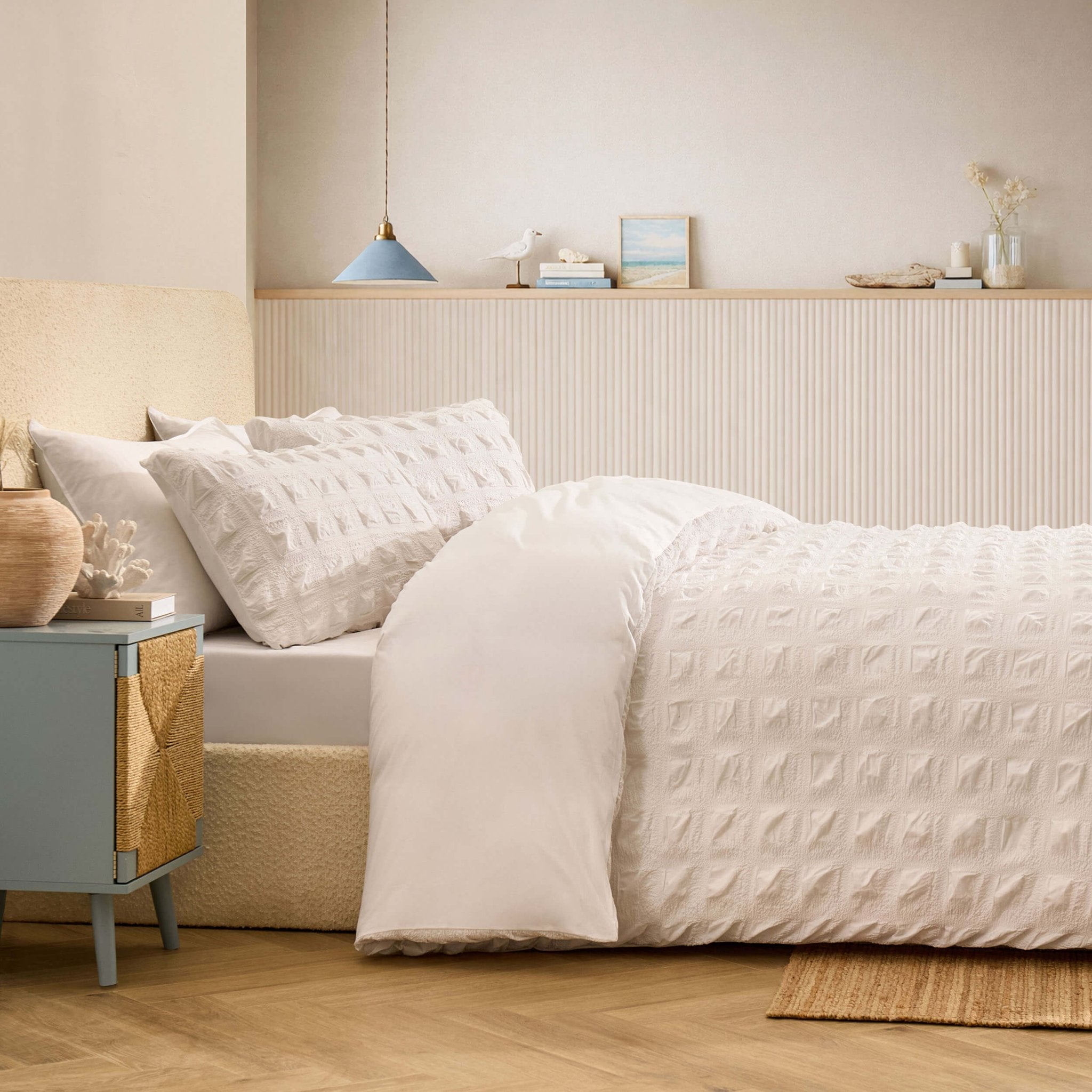 Dusklia - Marissa 100% Cotton Seersucker Check Duvet Cover & Pillowcase Set - White