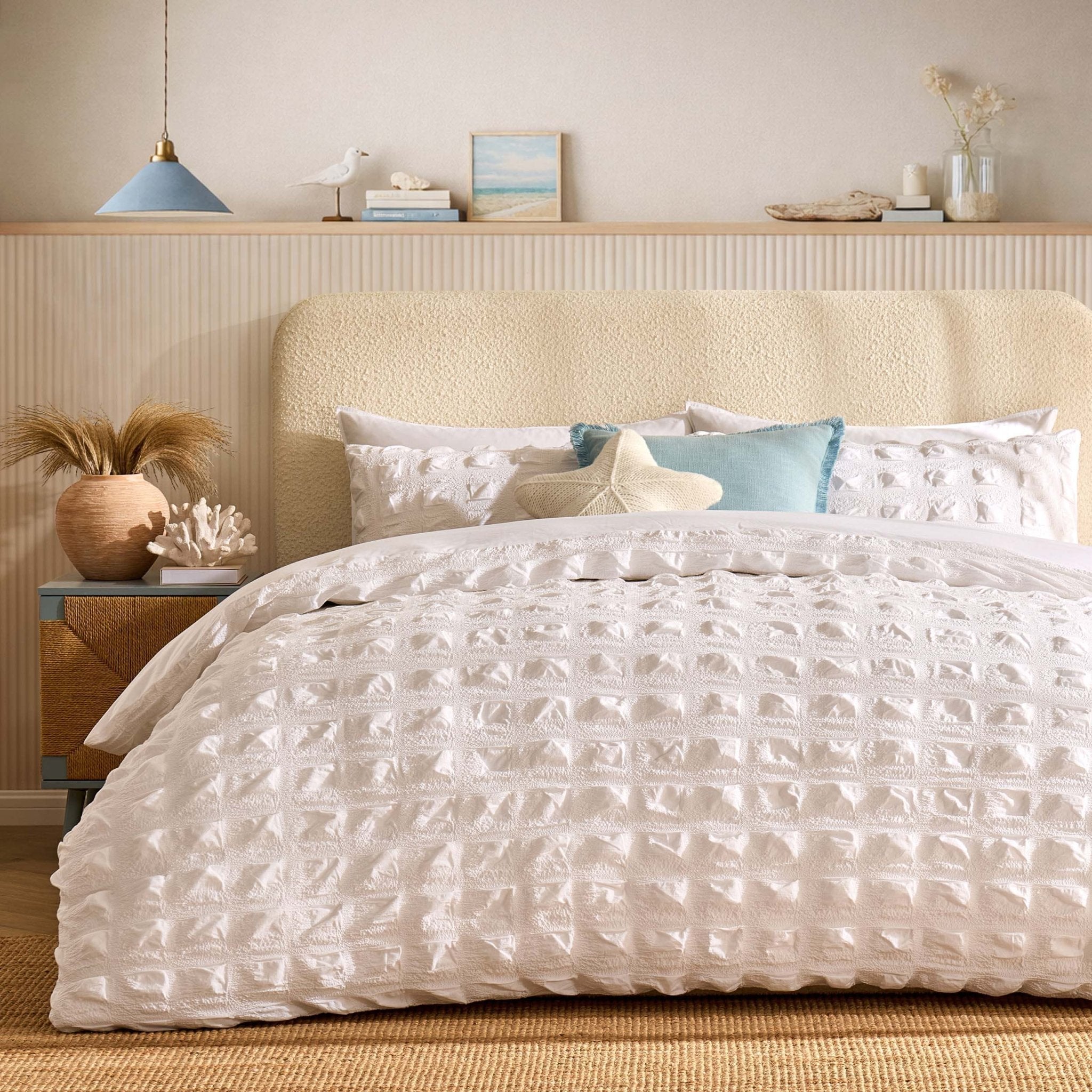 Dusklia - Marissa 100% Cotton Seersucker Check Duvet Cover & Pillowcase Set - White