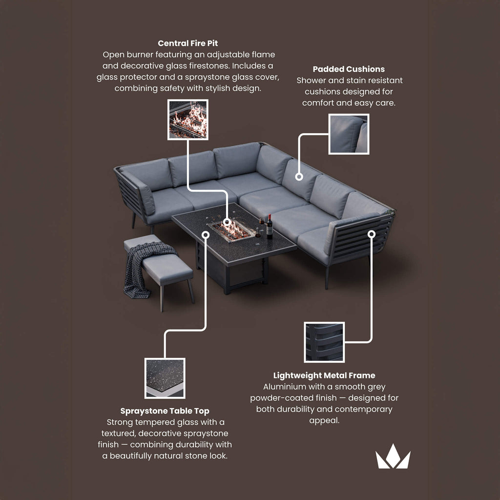 Dusklia - Mayfair Outdoor 8 Seater Corner Lounge Set with Fire Pit and Bench - Grey