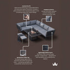 Dusklia - Mayfair Outdoor 8 Seater Corner Lounge Set with Fire Pit and Bench - Grey
