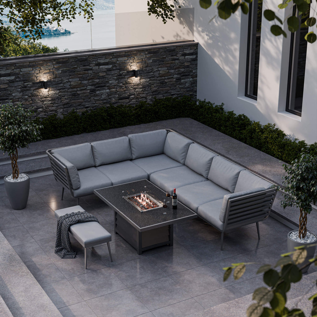 Dusklia - Mayfair Outdoor 8 Seater Corner Lounge Set with Fire Pit and Bench - Grey