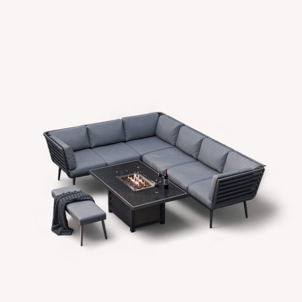 Dusklia - Mayfair Outdoor 8 Seater Corner Lounge Set with Fire Pit and Bench - Grey