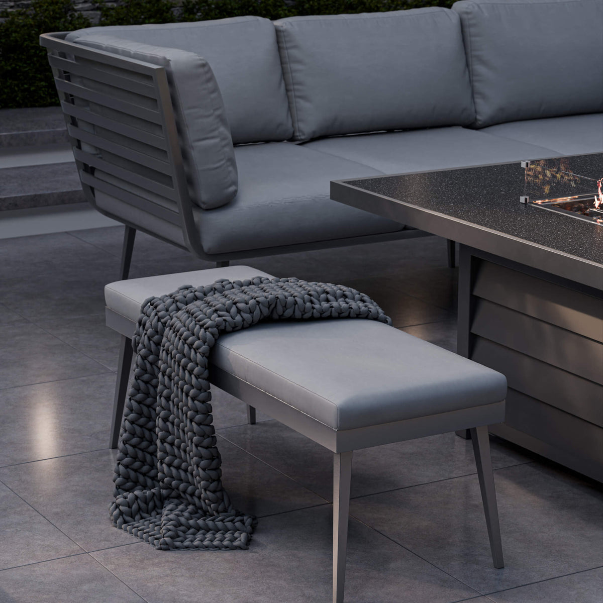 Dusklia - Mayfair Outdoor 8 Seater Corner Lounge Set with Fire Pit and Bench - Grey